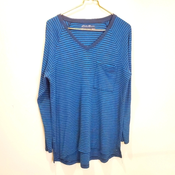 Eddie Bauer stripes V Neck Blue  sweater size L - Picture 1 of 7